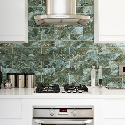 AULIGET 40-Piece Polished Green Marble with Gold Peel and Stick Backsplash Wall Tiles, 3" x 12" PVC Faux Stone Stick on Tiles for Backsplash Kitchen, Bathroom, Laundry Room, Camper, Fireplace