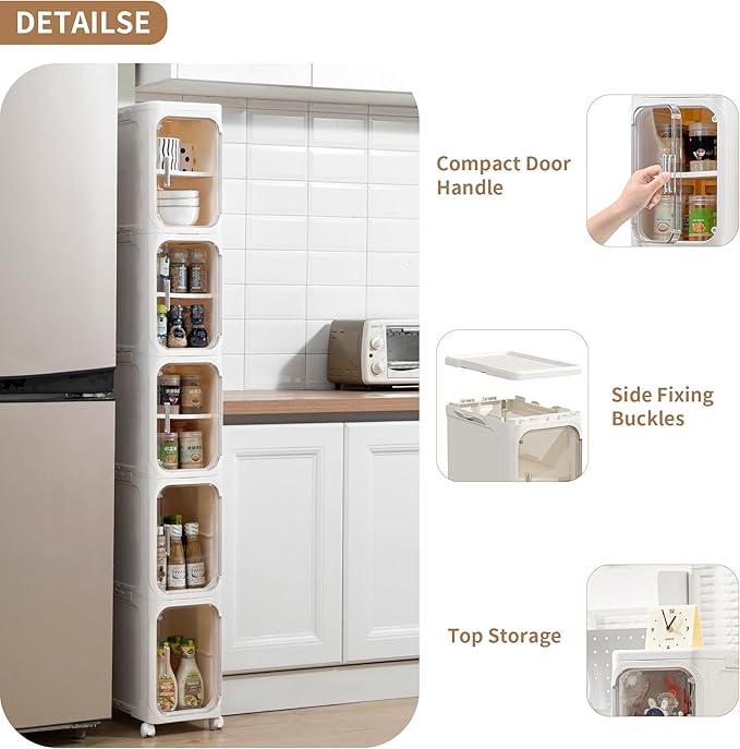 Narrow Bathroom Storage Cabinet with Wheels, 4-Tier Plastic Slim Cabinets with Adjustable Shelves for Small Spaces,Bathroom, Kitchen, Milky White