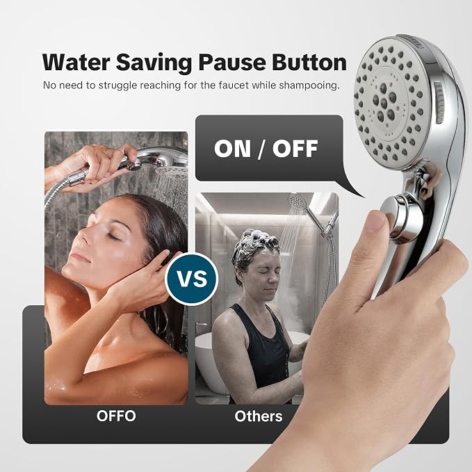 OFFO Shower Head with Hose, 5 Mode Handheld Shower Head with On Off Switch for Water Saving, High Flow Powerful Boosting Showerheads with 60" Stainless Steel Hose, Chrome
