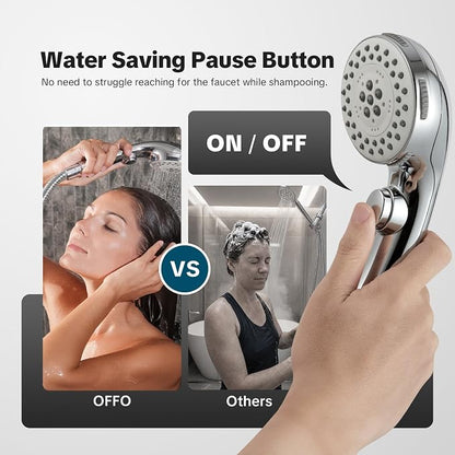 OFFO Shower Head with Hose, 5 Mode Handheld Shower Head with On Off Switch for Water Saving, High Flow Powerful Boosting Showerheads with 60" Stainless Steel Hose, Chrome