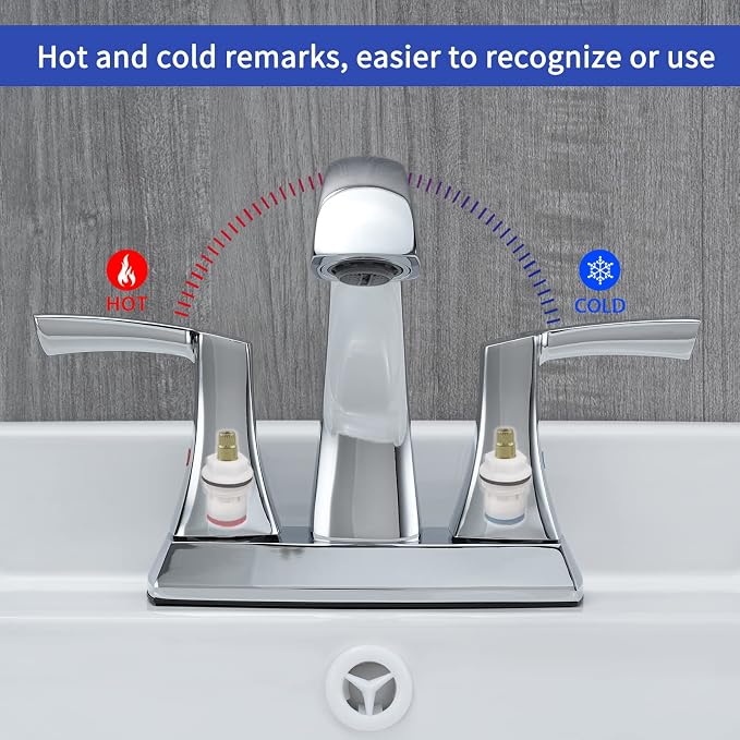 VXV Chrome Bathroom Faucet, 2 Handles Low Arc Bathroom Sink Faucets, 4 Inch Centerset Bath Lavatory Faucets with Pop-up Drain & Supply Lines (CP)