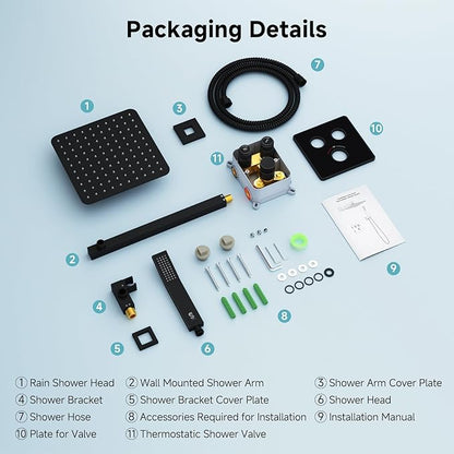 SR SUN RISE 100℉ Thermostatic Shower System,10" Luxury Rainfall Shower Head and High-Pressure Handheld Bathroom Shower Faucet Set,Shower Valve and Trim Kit Included (Matte Black)