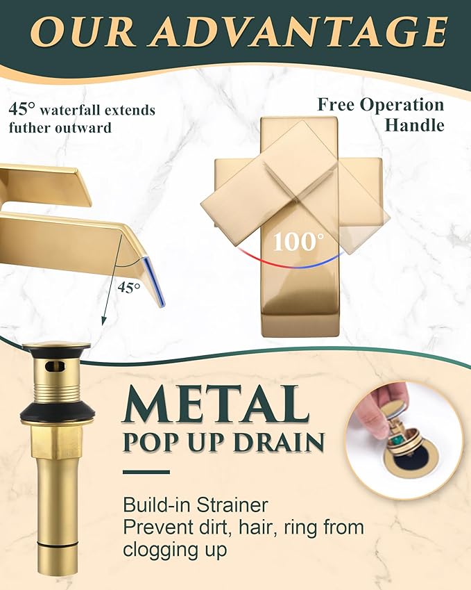 Gold Waterfall Bathroom Sink Faucet, Brushed Gold Finish, Single Handle, 1 or 3 Hole Installation, Metal Pop Up Drain, 23.6-inch Hoses, 3/8 Inch Compression Threads
