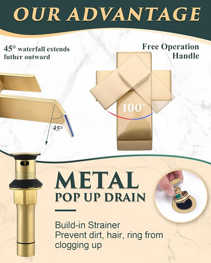 Gold Waterfall Bathroom Sink Faucet, Brushed Gold Finish, Single Handle, 1 or 3 Hole Installation, Metal Pop Up Drain, 23.6-inch Hoses, 3/8 Inch Compression Threads