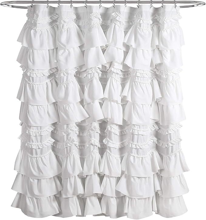 Lush Decor Kemmy Ruffled Shower Curtain, Single, 72" W x 72" L, White - Bathroom Curtain - Fabric Shower Curtains for Bathroom - Coquette Decor