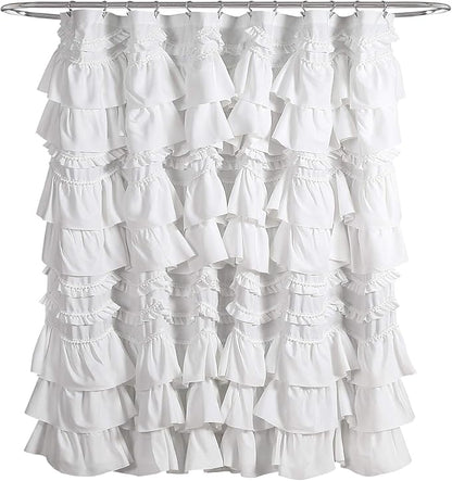 Lush Decor Kemmy Ruffled Shower Curtain, Single, 72" W x 72" L, White - Bathroom Curtain - Fabric Shower Curtains for Bathroom - Coquette Decor