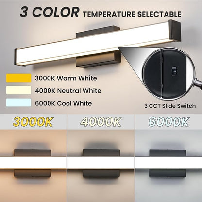 Modern LED Bathroom Vanity Light 24 inch 18W Dimmable 3CCT Bathroom Light Fixture Over Mirror Rectangle Bath Vanity Light Bar with Double Layer Acrylic Shade (Matte Black)