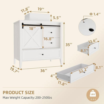 VNN Bathroom Vanity with Sink - 36 Inch Bathroom Vanity with Sink Ceramic, Freestanding Cabinet with Farmhouse Sliding Barn Door and 3 Drawers, Space-Saving Storage Cabinet, Wood Grain Texture, White