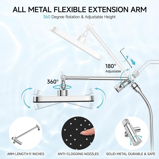 High Pressure Rain Shower Head with Handheld Spray Combo Set, Adjustable 12" Rainfall Dual Shower Head, Double&Tandem Shower Head, Waterfall Showerhead Bathroom -Silver Chrome