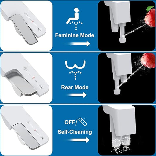 Bidet Attachment for Toilet Seat, Dual Nozzle Rear/Feminine Wash, Self Cleaning Sprayer, Non Electric Bidet with Adjustable Cold Water Pressure