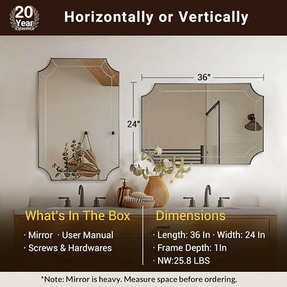 24"x36" Brushed Nickel Mirror, Scalloped Corner Wall Mirror with Segmented Glass, Silver Vanity Mirror in Anti-Rust Stainless Steel Metal Frame, Wall-Mounted Mirror (Horizontal/Vertical)