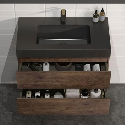 30" Floating Bathroom Vanity with Matte Black Sink, Modern Bathroom Cabinet with Top and Soft Close Drawers, Spacious Storage for Small Space, Walnut - Lavanda Collection