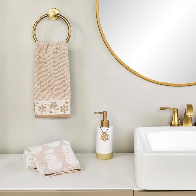 SKL Home Christmas/Winter Heather Snowflake Hand Towel Set-2pc, Tan | 100% Cotton. 500 GSM. Plush & absorbent jacquard. Great for the bathroom, kitchen or bar & gifting.