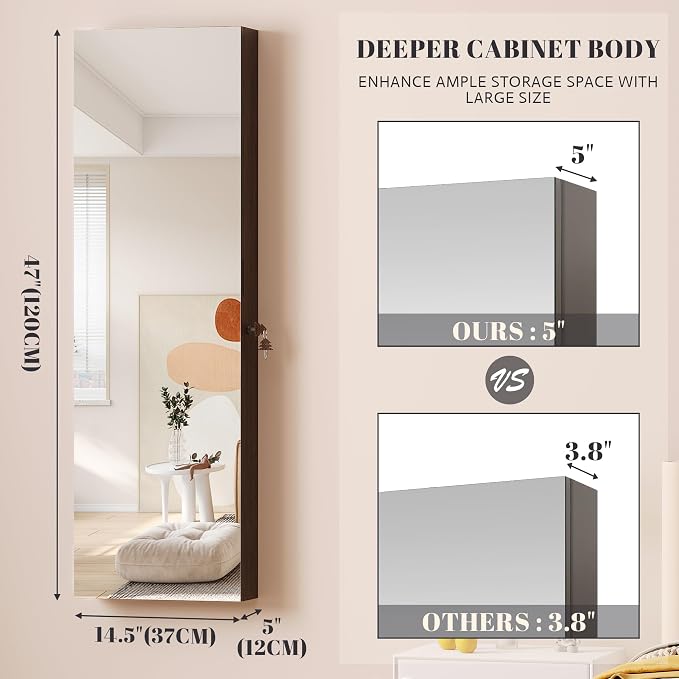 47.2" LED Jewelry Mirror Cabinet, Wall/Door Mounted Jewelry Armoire Organizer with Full Length Mirror, Large Storage Hanging Cabinet, 4 Drawers, 5 Shelves, Built-in Lighted Mirror (Black)