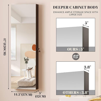 47.2" LED Jewelry Mirror Cabinet, Wall/Door Mounted Jewelry Armoire Organizer with Full Length Mirror, Large Storage Hanging Cabinet, 4 Drawers, 5 Shelves, Built-in Lighted Mirror (Black)