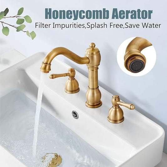 Aolemi 8 Inch Widespread Bathroom Sink Faucet 3 Hole Deck Mount Vanity Basin Mixer Tap with Pop Up Drain Assembly Antique Brass Double Lever Handle