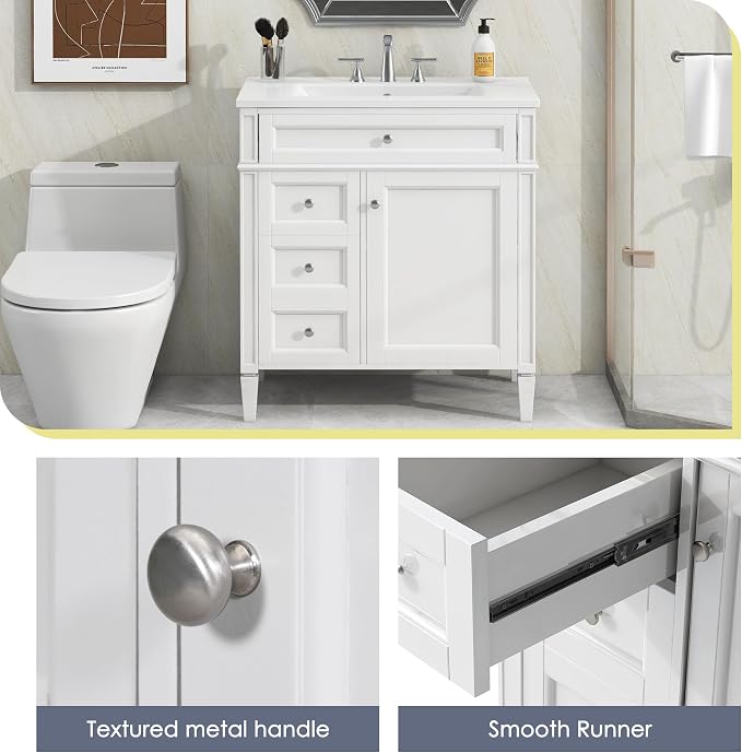 Merax 30 inch Bathroom Vanity with Ceramic Sink, Solid Wood Frame Modern Bathroom Sink Storage Cabinet with 2 Drawers and a Tip-Out Drawer, Single Sink Bathroom Vanities, White