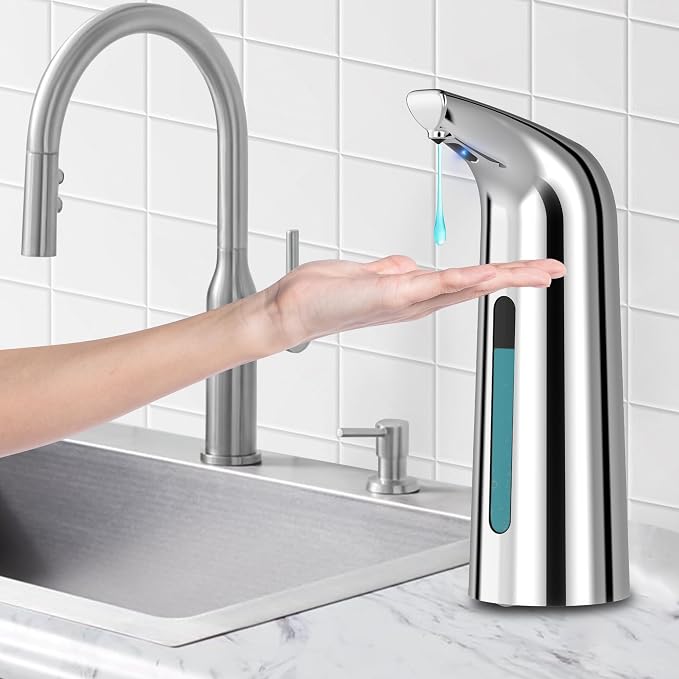 Automatic Liquid Soap Dispenser, 4-Level,13.5oz Touchless | Plastic,400ml Silver Electric Battery Operated Hand & Dish Countertop Soap Dispensers with Sensor for Bathroom,Kitchen Sink