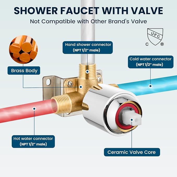 gotonovo Shower Faucet Set with Valve Kit 6 Mode Handheld Polished Chrome | Bathroom Shower Head and Handle Set,6 Modes ABS Handheld Spray,Pressure Balance Valve and Trim Kit Complete,Single-Handle