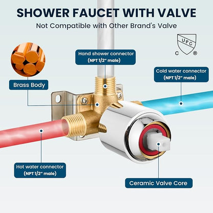 gotonovo Shower Faucet Set with Valve Kit 6 Mode Handheld Polished Chrome | Bathroom Shower Head and Handle Set,6 Modes ABS Handheld Spray,Pressure Balance Valve and Trim Kit Complete,Single-Handle