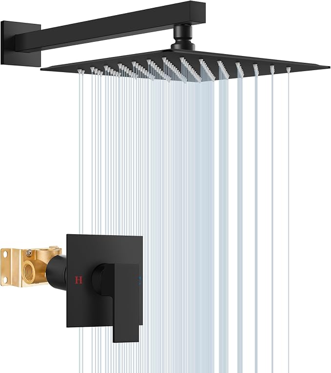 Airuida 12 Inch Matte Black Shower Faucet Set,Shower Valve Kit | Rainfall Shower Head and Handle Set,Female Thread Rough-in Valve Shower Kit,Single Function Shower System
