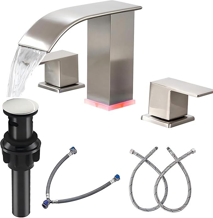 Bathroom faucets 3 Hole Brushed Nickel Vanity Faucet with led Waterfall Bathroom Faucet 3 Hole Sink Faucet Bathroom 8 inch Widespread Modern Parts Touch on 2 Handle(Brushed Nickel)