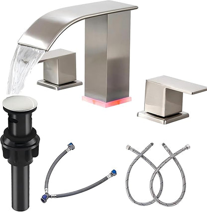 Bathroom faucets 3 Hole Brushed Nickel Vanity Faucet with led Waterfall Bathroom Faucet 3 Hole Sink Faucet Bathroom 8 inch Widespread Modern Parts Touch on 2 Handle(Brushed Nickel)