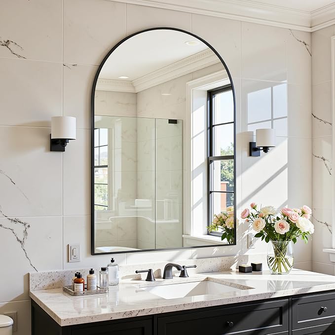 Antok Arched Bathroom Mirror, 20"x30" Wall Mounted Mirror, Vanity Mirrors for Over Sink, Aluminum Alloy Frame Bathroom Mirrors Living Room, Bedroom and Entryway, Black