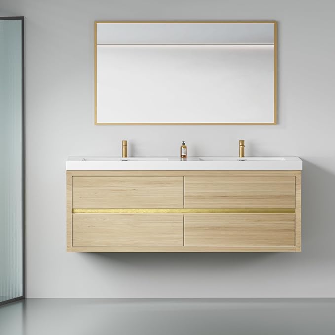 60" Floating Bathroom Vanity with Double Sinks, Wall-Mounted Bathroom Storage Vanity Cabinet with Resin Top Basin and Soft Close Drawers, Fully Assembled, Natural Oak