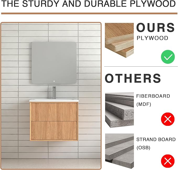 Floating Bathroom Vanity with Sink, Nature Soild Wood Cabinet with Ceramic Basin, Extra Large Storage Drawer & Pre-Assembled Vanities for Bathroom, Powder Room (Nature B Style, 24")