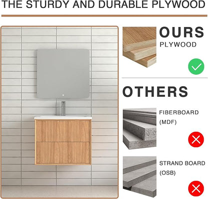 Floating Bathroom Vanity with Sink, Nature Soild Wood Cabinet with Ceramic Basin, Extra Large Storage Drawer & Pre-Assembled Vanities for Bathroom, Powder Room (Nature B Style, 24")