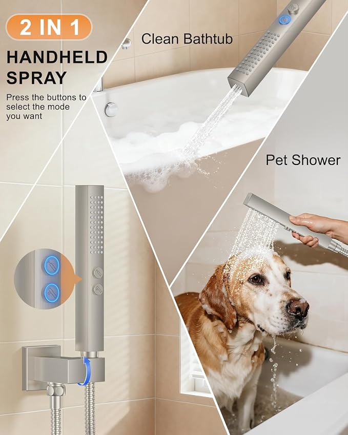 Brushed Nickel Shower System with Tub Spout, Wall Mounted Bathtub Shower Faucet Set, 12" Rainfall Shower Head and Handheld Shower Combo, High Pressure Shower Fixtures Set with Rough-in Valve