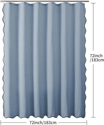 Linen Scallop Shower Curtain with 12 Hooks, Waterproof, 72x72, Fog Blue | Waterproof Heavy Duty Thick Fabric with Black Border, Minimalist Neutral Boho Farmhouse Bathroom Décor