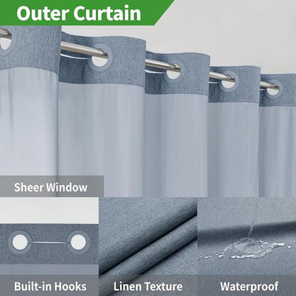 eachope No Hook Fabric Shower Curtain with Snap-in Liner,71x74 Blue Grey | Linen Texture,230GSM Thick Fabric,Hotel Luxury Decor,Mesh Window,Bottom magnetic ,Waterproof & Machine Washable,for Bathroom