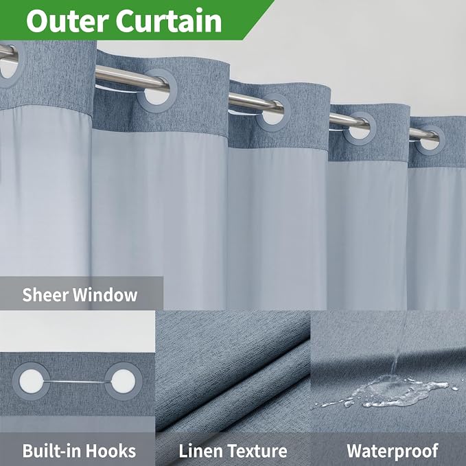 eachope No Hook Fabric Shower Curtain with Snap-in Liner,60x74 Blue Grey | Linen Texture,230GSM Thick Fabric,Hotel Luxury Decor,Mesh Window,Waterproof & Machine Washable,for Shower Stall or Bathroom