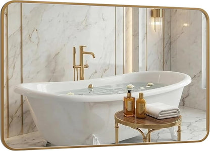 30x48 Inch Antique Gold Rounded Rectangle Bathroom Vanity Mirror | For Over-Sink Bathrooms, Powder-Coated Iron Frame, Layered Shadow Box Look, Vertical or Horizontal Layout