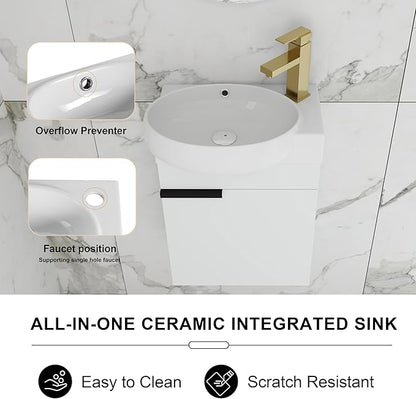 16 Inch Floating Vanity with Sink, 16'' Wall Mounted Bathroom Cabinet for Small Bathrooms, Ceramic Basin & Soft-Closed Door, White Modern Vanity Set
