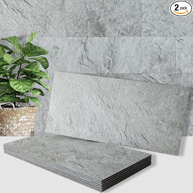AULIGET 2-Piece Light Slate Peel and Stick Backsplash Wall Tiles, 6" x 12" PVC Faux Stone Stick on Tiles for Backsplash Kitchen, Bathroom, Laundry Room, Camper, Fireplace