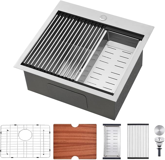 21 Inch Drop In Kitchen Sink, 21 x 20 Inch Top Mount 16 Gauge Stainless Steel Single Bowl Workstation RV Small Kitchen Outdoor Laundry Wet Prep Sink with Accessories