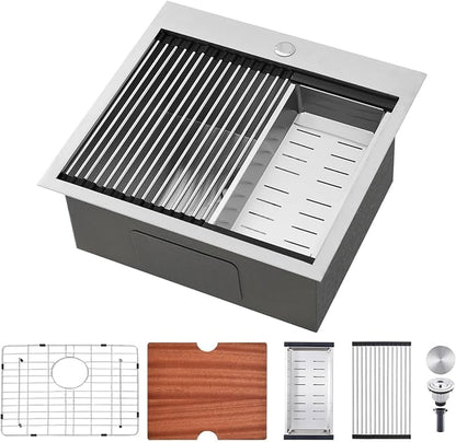 21 Inch Drop In Kitchen Sink, 21 x 20 Inch Top Mount 16 Gauge Stainless Steel Single Bowl Workstation RV Small Kitchen Outdoor Laundry Wet Prep Sink with Accessories