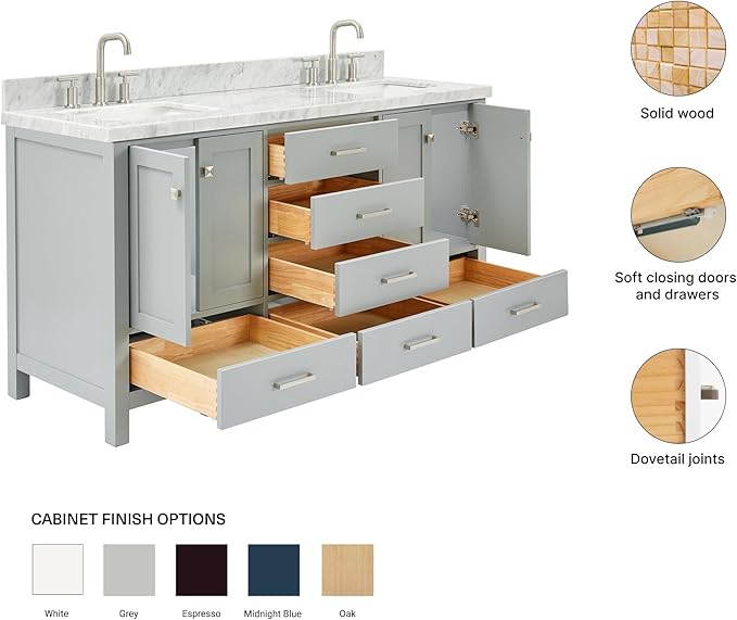 ARIEL Cambridge 66-inch Bathroom Vanity with Sink,Solid Wood, 1.5-inch Italian Carrara Marble Countertop, Double Rectangular Porcelain Sink, 4 Soft Closing Doors, 6 Dovetail Drawers, Grey