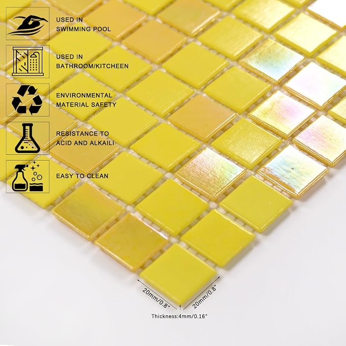 11.5 sq.ft Yellow Glass Mosaic Tile for Bathroom, Pool, Kitchen Backsplash | Waterproof Wall & Floor Tile. Heat & frost resistant outdoors. Mesh-mounted easy install. Use any grout. Easy clean. 10pcs.