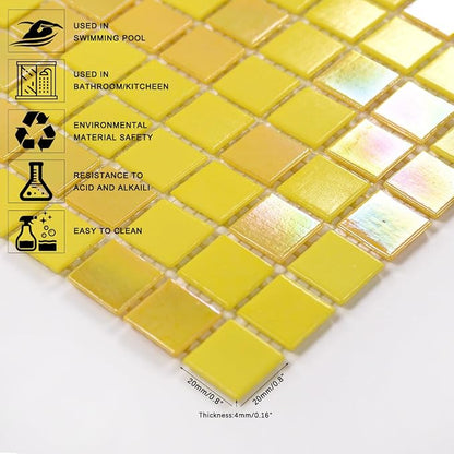 11.5 sq.ft Yellow Glass Mosaic Tile for Bathroom, Pool, Kitchen Backsplash | Waterproof Wall & Floor Tile. Heat & frost resistant outdoors. Mesh-mounted easy install. Use any grout. Easy clean. 10pcs.
