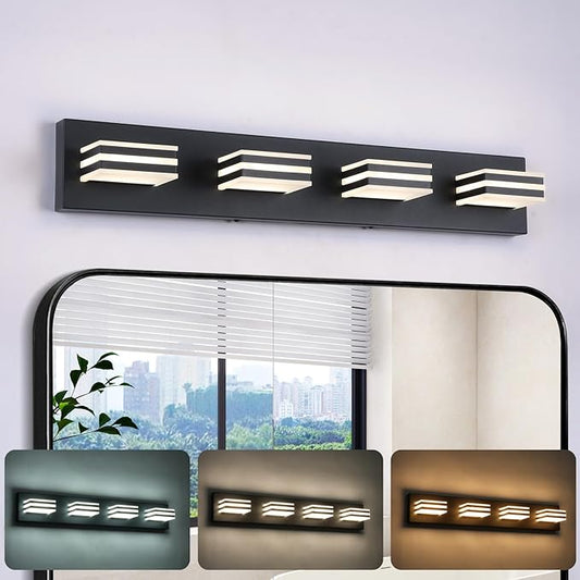 4-Light LED Black Vanity Lights for Bathroom Light Fixtures Adjust 3 Colors Modern Bath Lighing Over Mirror LED Vanity Light 27inch Acrylic Heads