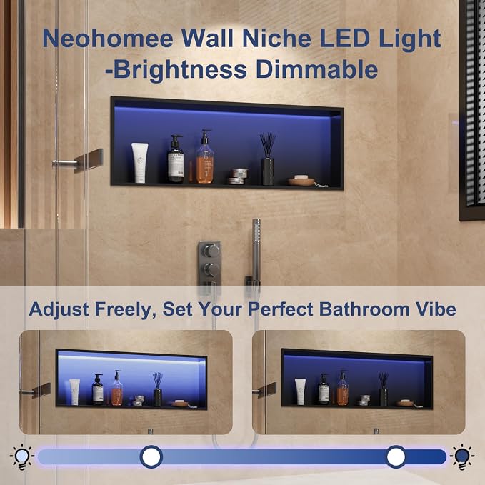 RGB Shower Niche LED Lights Waterproof, Matte Black Recessed Wall Niche-36X12 in Stainless Steel Niches for Shower, Tile-Ready for Bathroom Storage Shower Niche