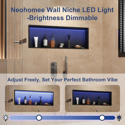 RGB Shower Niche LED Lights Waterproof, Matte Black Recessed Wall Niche-36X12 in Stainless Steel Niches for Shower, Tile-Ready for Bathroom Storage Shower Niche