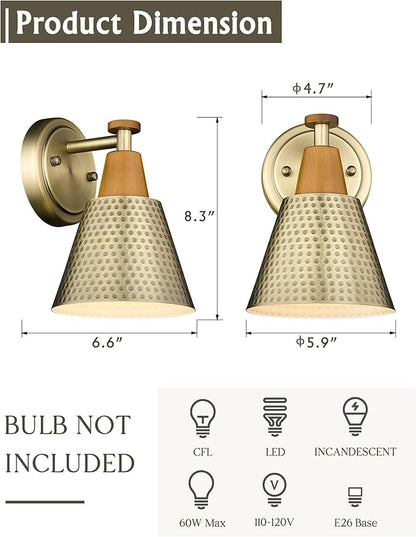 FEMILA Bathroom Light Fixtures 2 Pack, Gold Vanity Light with Hammered Metal Shade, 2-Lights Bath Wall Mounted Lights Wall Lamp for Mirror Kitchen Bedroom, 4FG59B-2 BG