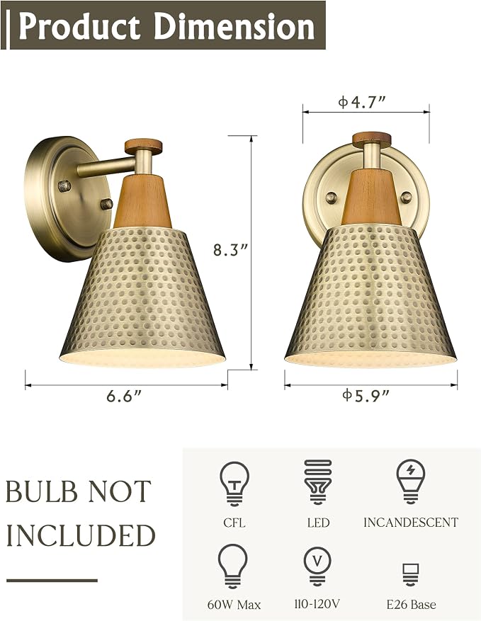 FEMILA Bathroom Light Fixtures 2 Pack, Gold Vanity Light with Hammered Metal Shade, 2-Lights Bath Wall Mounted Lights Wall Lamp for Mirror Kitchen Bedroom, 4FG59B-2 BG