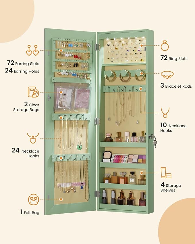 LVSOMT Over The Door Jewelry Organizer, 6 LED Wall Mounted Jewelry Cabinet | Lockable 42.5" Full Length Mirror with Jewelry Storage, Hanging Jewelry Mirror Cabinet, Jewelry Armoire for Women, Green