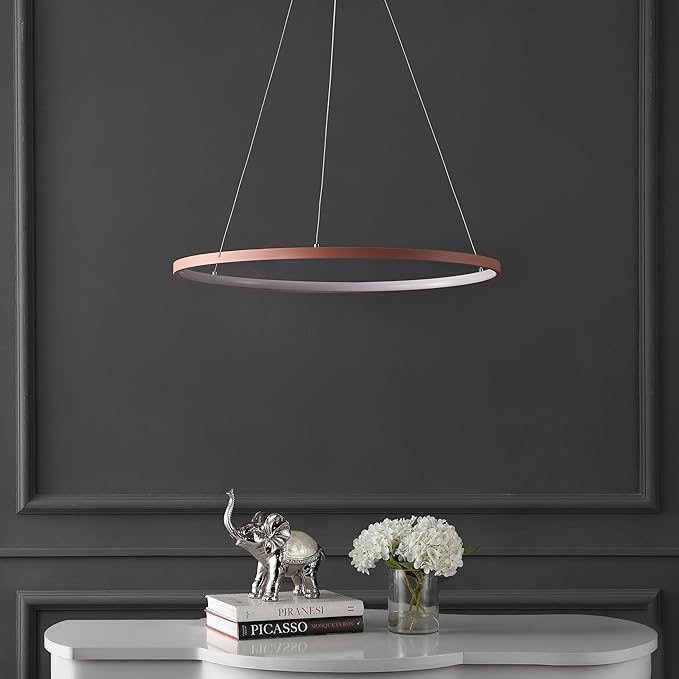 JONATHAN Y 23.75" Matte Pink Modern Integrated LED Pendant Light, Dimmable Round Hoop Chandelier for Kitchen Island, Dining Room, Adjustable Height Metal Hanging Light (JYL7203B)